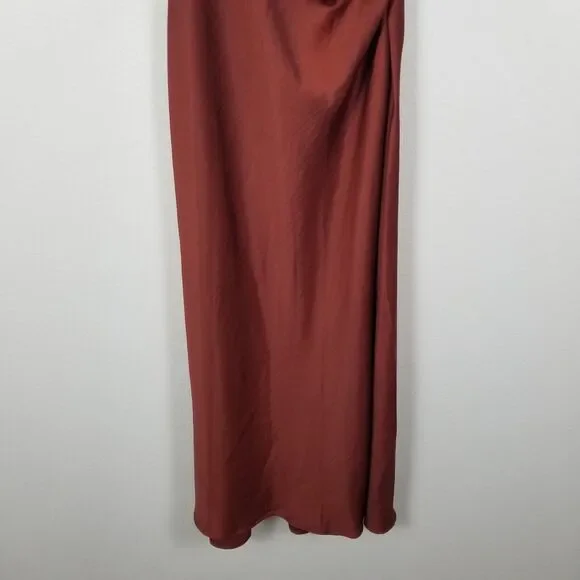 House Of Harlow 1960 Revolve Brown Satin Long Ruche Detail Side Slit Dress Sz XL - Picture 9 of 13